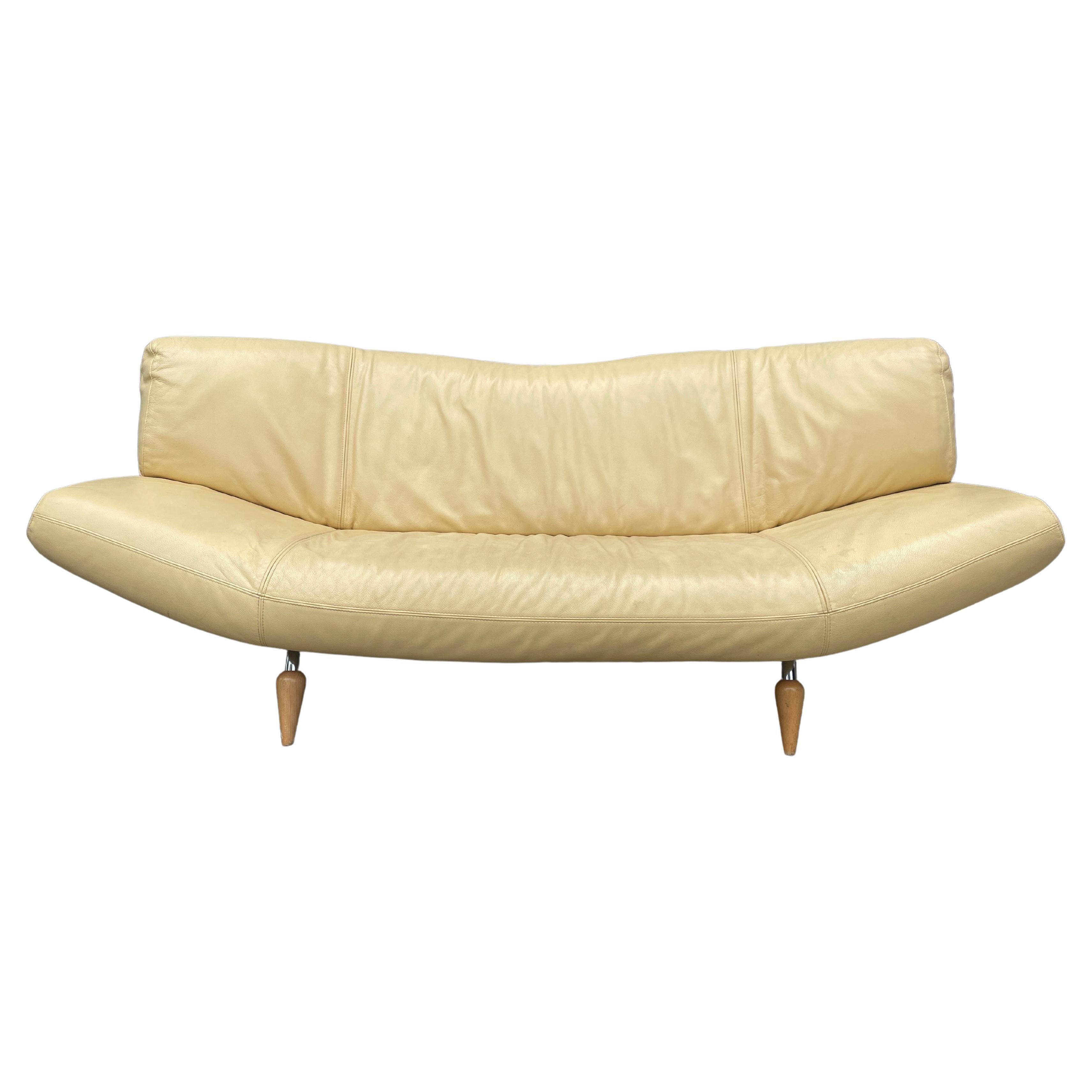 Vintage Molinari Curved Light Yellow Leather Sofa Curved Back, Italy