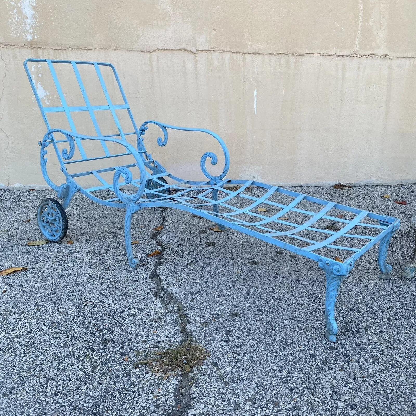Vintage Molla Cast Aluminum Hollywood Regency Pool Patio Adjustable Chaise Lounge Chairs - a Pair. Listing includes 2 very rare chaise lounge chairs by Molla with sculptural frames, cabriole legs, and metal strap seats. Circa Early 20th Century.