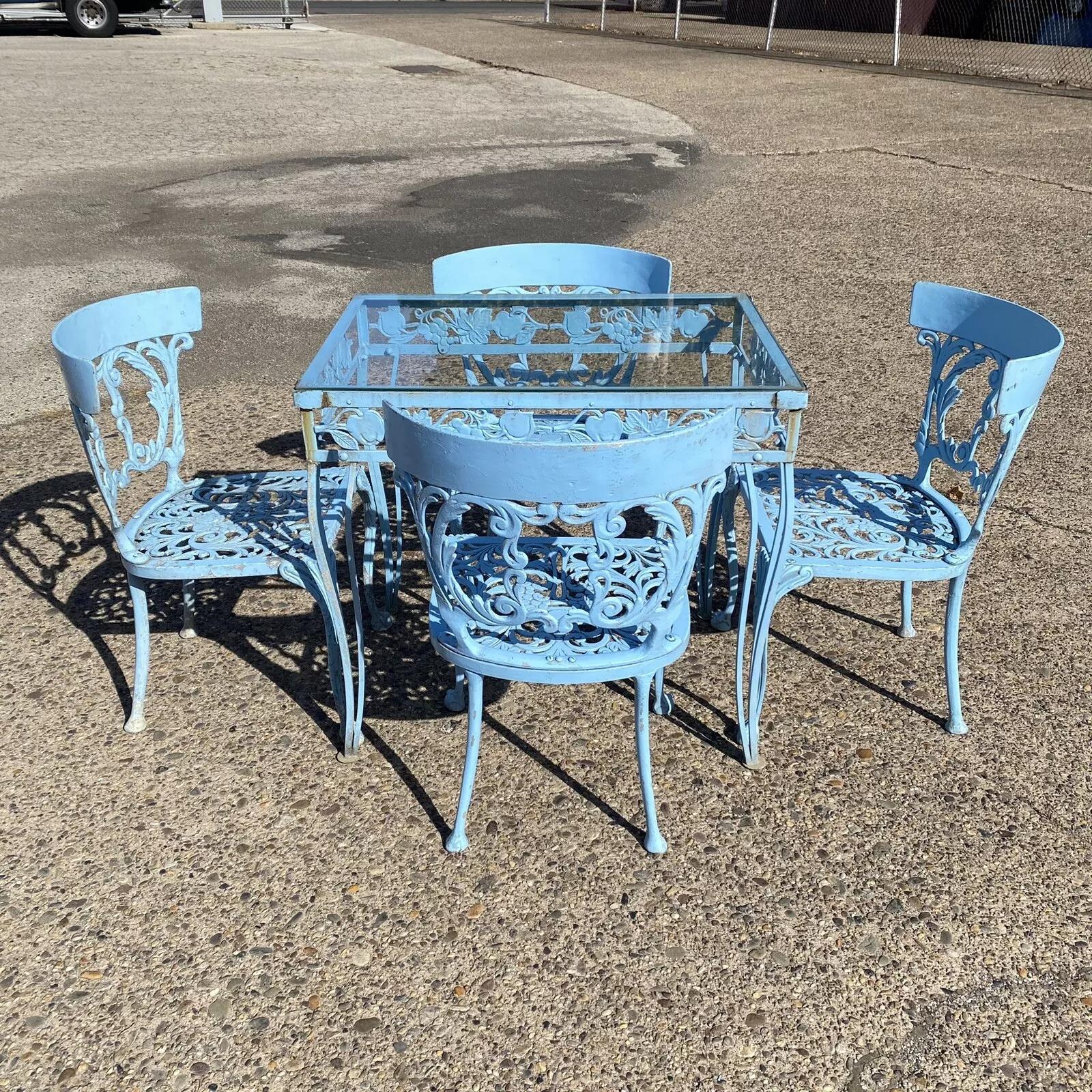 Vintage Molla Cast Aluminum Victorian Style Blue Garden Patio Dining Set - 5 Pcs For Sale 6