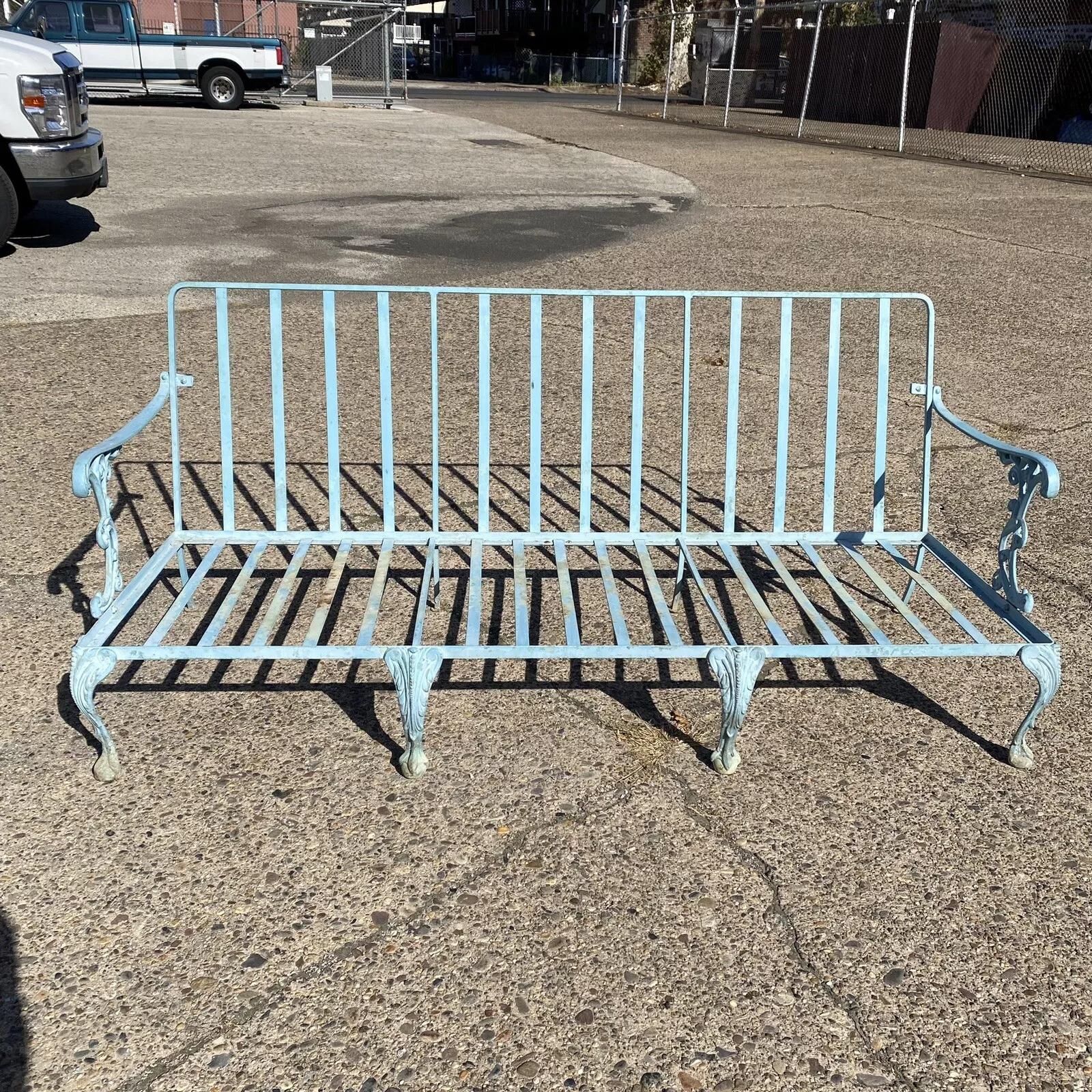 Vintage Molla Cast Aluminum Victorian Style Blue Painted Garden Patio Sofa. Circa Mid 20th Century. Measurements: 31
