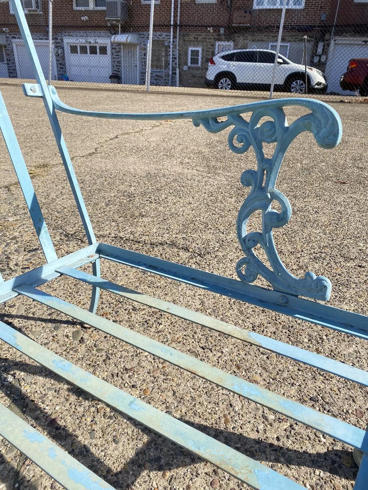 Vintage Molla Cast Aluminum Victorian Style Blue Painted Garden Patio Sofa In Good Condition For Sale In Philadelphia, PA