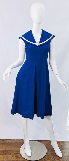 Abito vintage Mollie Parnis anni '70 in lino e cotone, blu e bianco, di tendenza