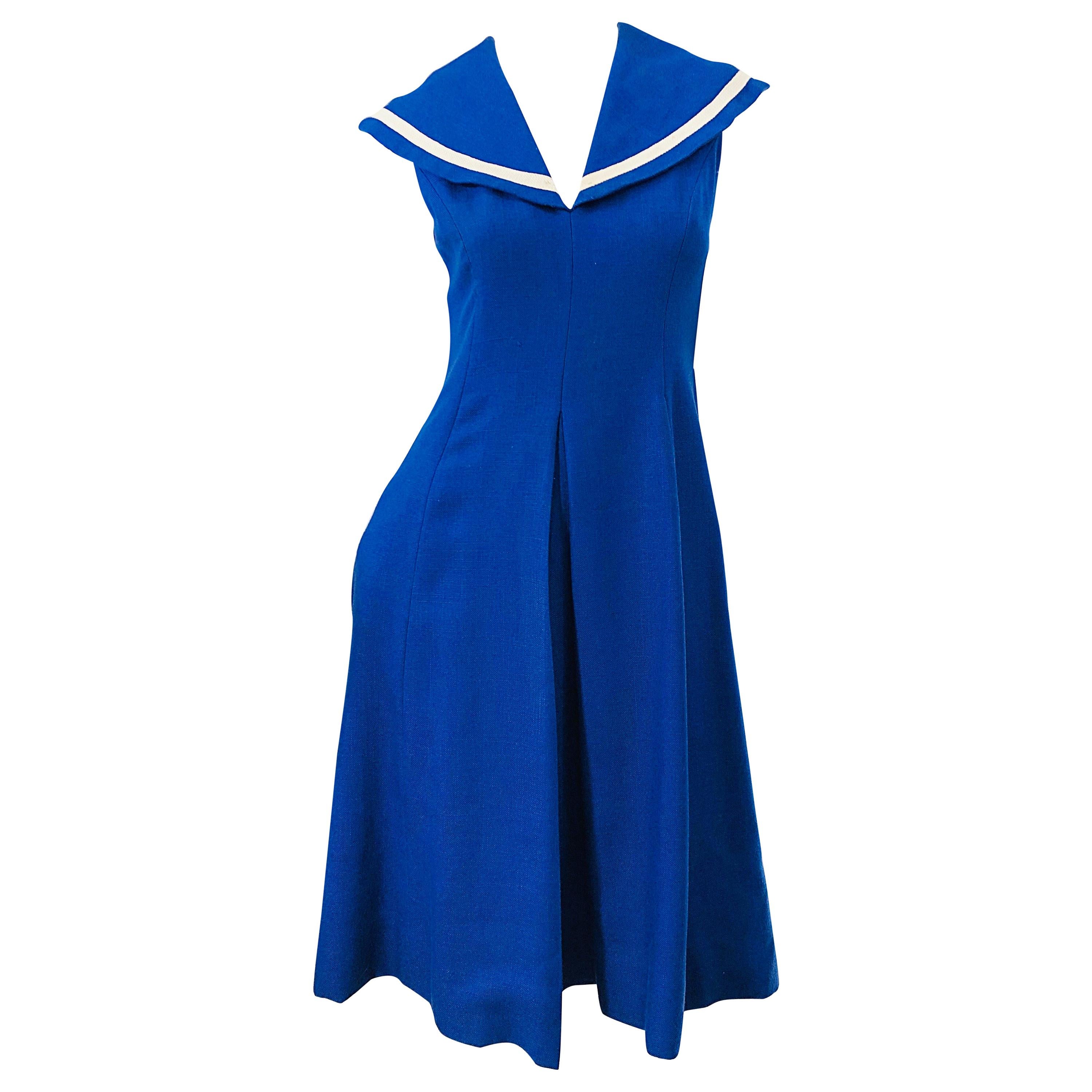 Vintage Mollie Parnis 1960s Blue and White Novelty 60s Linen + Cotton Dress