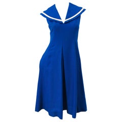 Vintage Mollie Parnis 1970s Blue and White Novelty 70s Linen + Cotton Dress