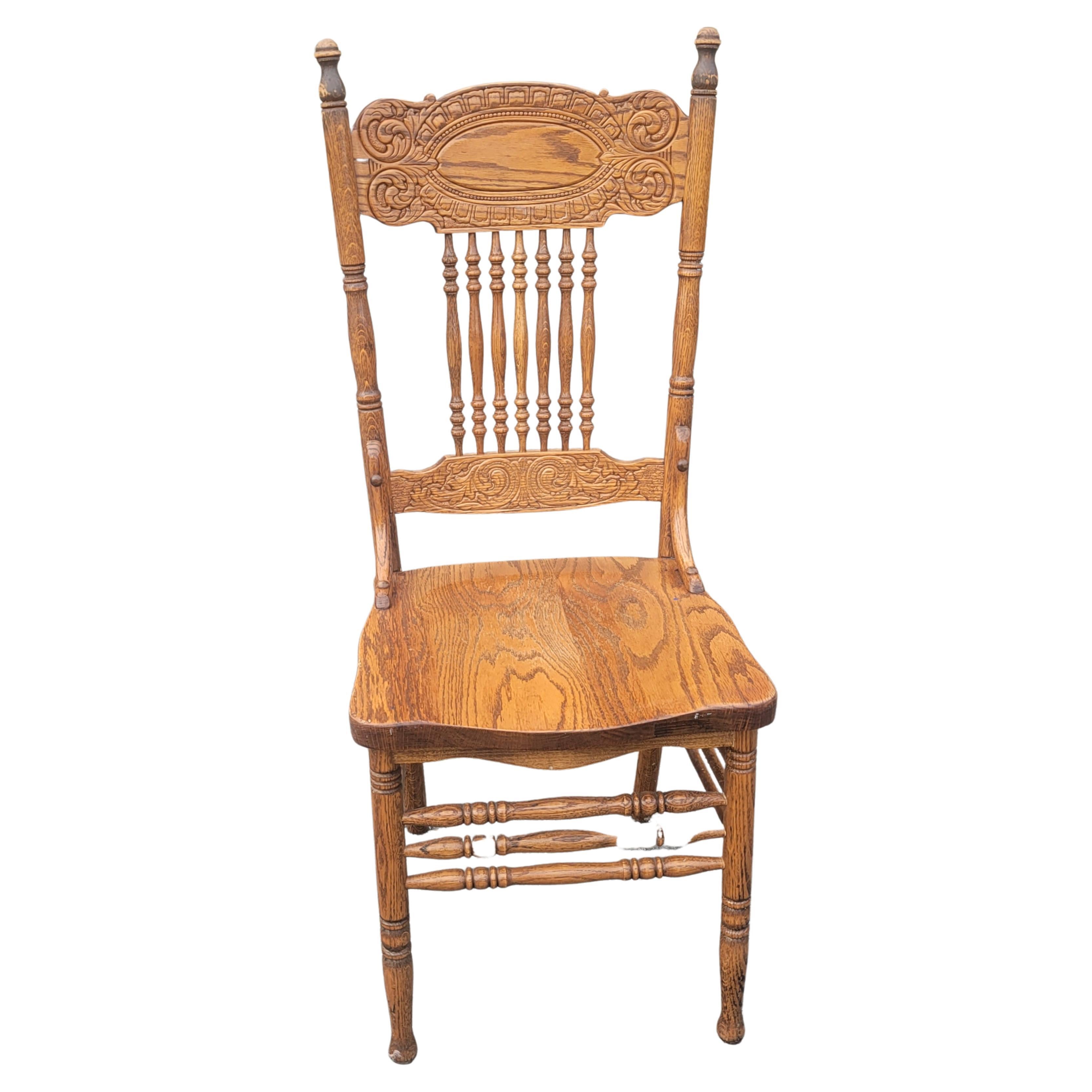 Hand-Crafted Vintage Mona Liza Furniture Handcrafted Oak Press Back Dining Chairs, Set of 6 For Sale
