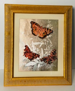 Vintage Monarch Butterfly Chromolithograph on Silver Paper Framed