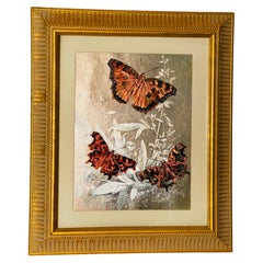 Vintage Monarch Butterfly Chromolithograph on Silver Paper Framed