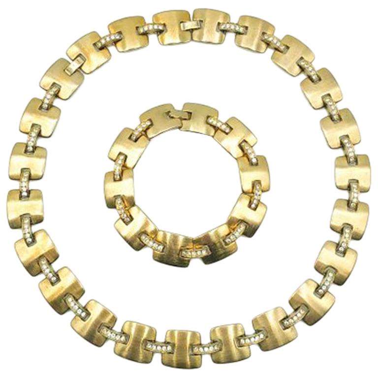 Vintage Monet Brushed Gold & Crystal H Necklace & Bracelet 1980s