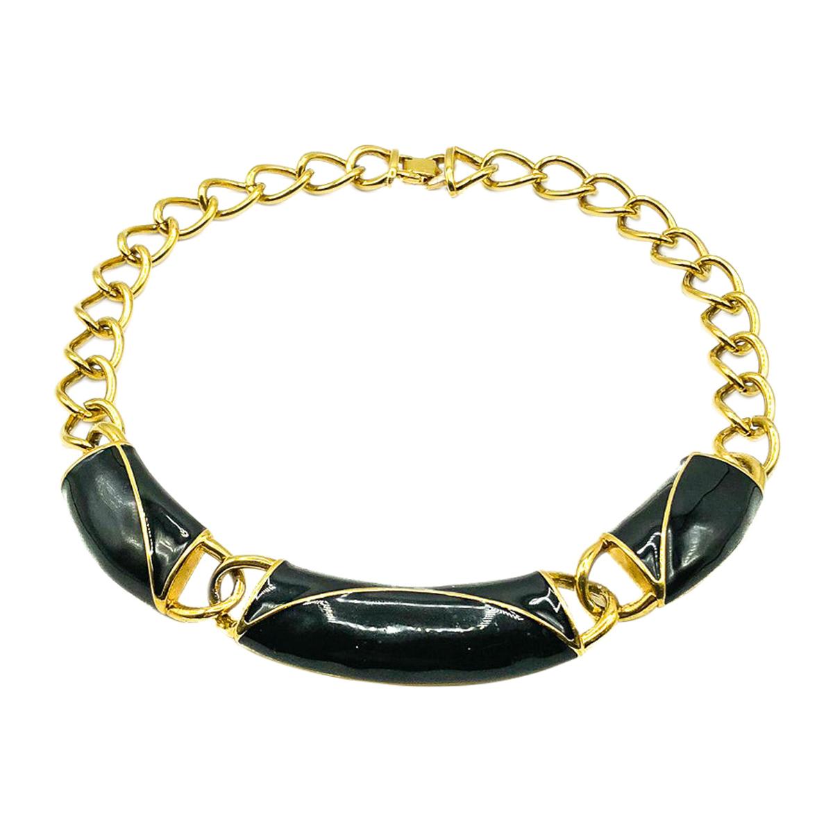 Vintage Monet Chunky Chain Gold & Black Enamel Collar 1980s
