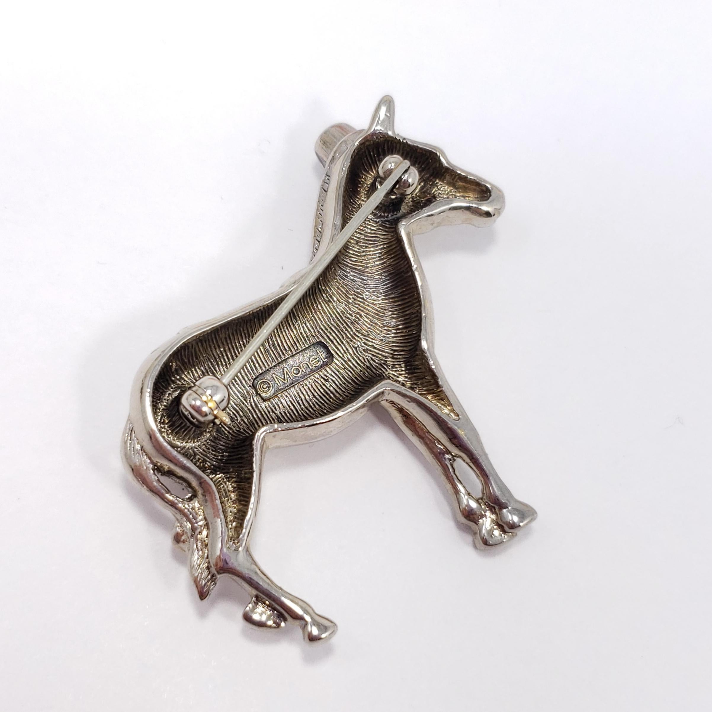 Retro Vintage Monet Democratic Donkey Pin Brooch in Silver, Red and Blue Enamel
