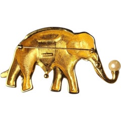 Vintage Monet Enamel Elephant Brooch Gold-Tone Figural Pin with Pearl, 1980s