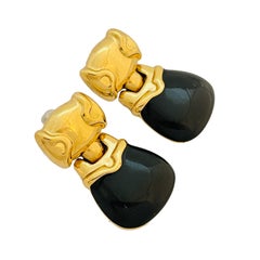 Boucles d'oreilles percées vintage MONET or noir émaillé door knocker designer runway
