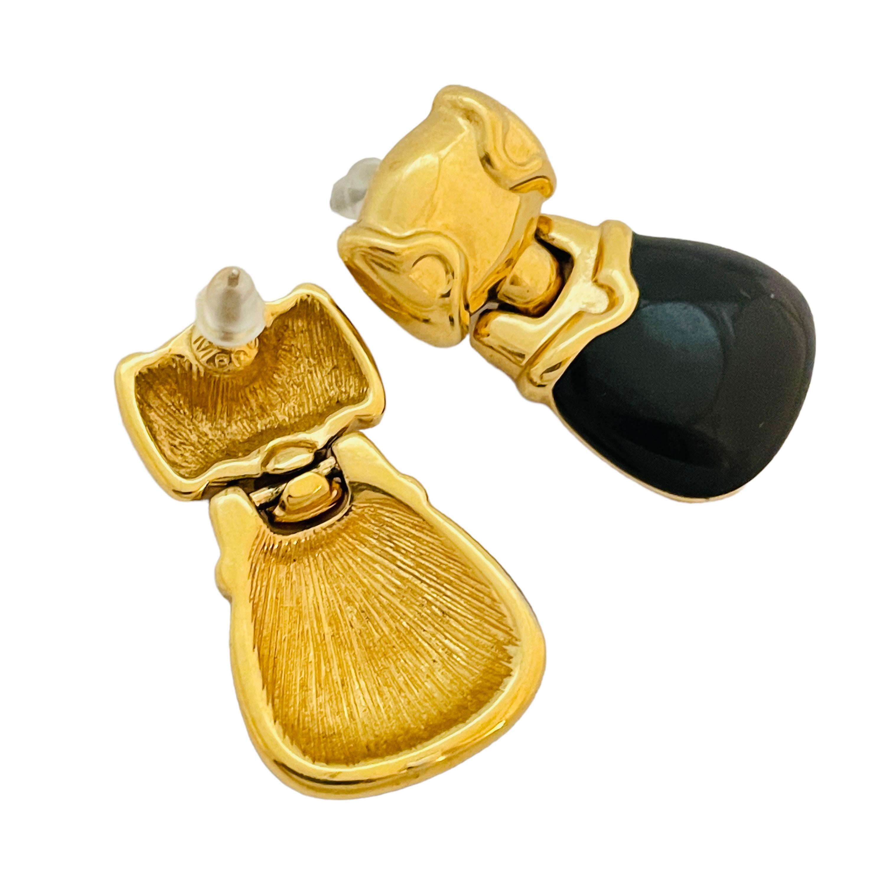Vintage MONET gold black enamel door knocker designer runway pierced earrings In Good Condition In Palos Hills, IL