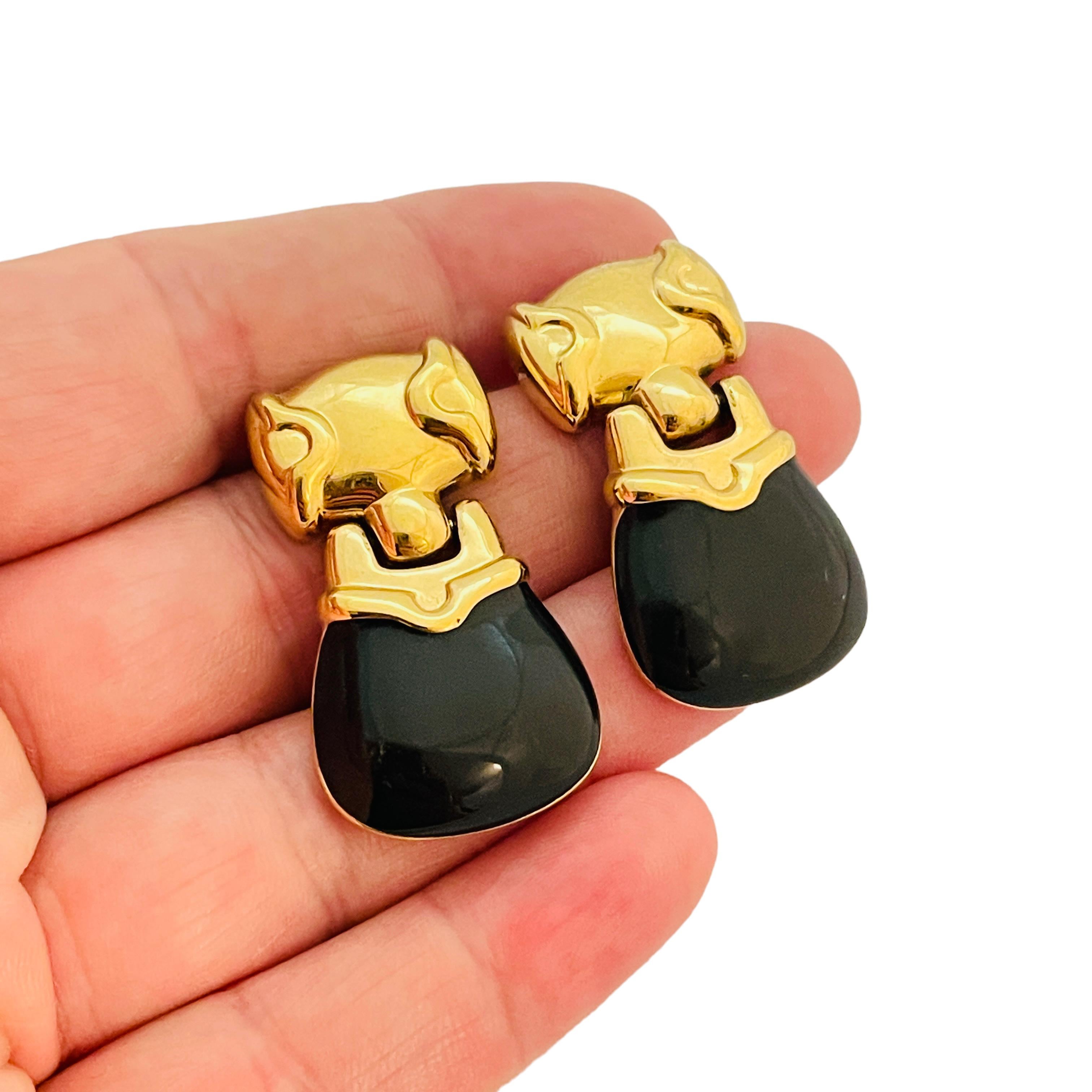 Women's or Men's Vintage MONET gold black enamel door knocker designer runway pierced earrings