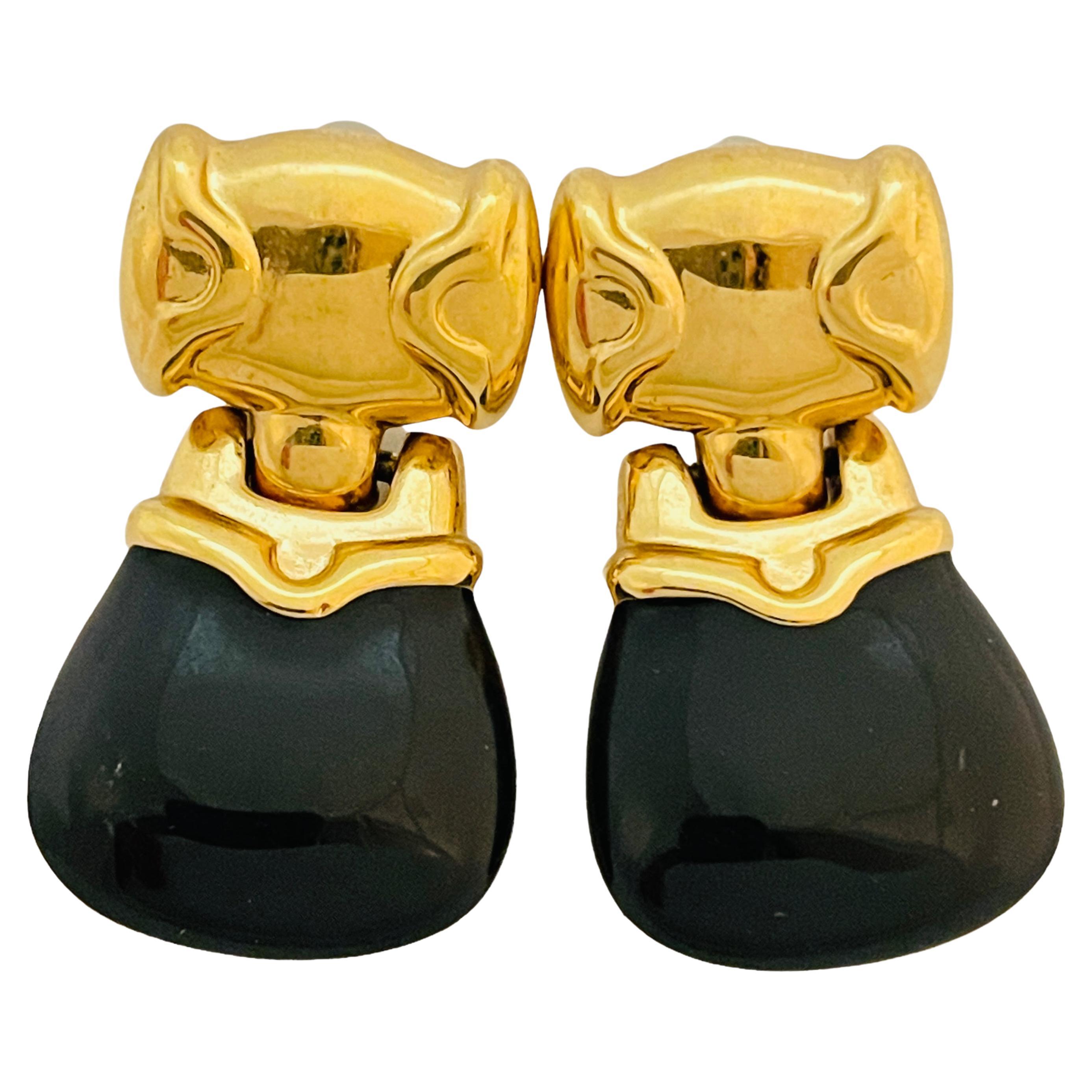 Vintage MONET gold black enamel door knocker designer runway pierced earrings