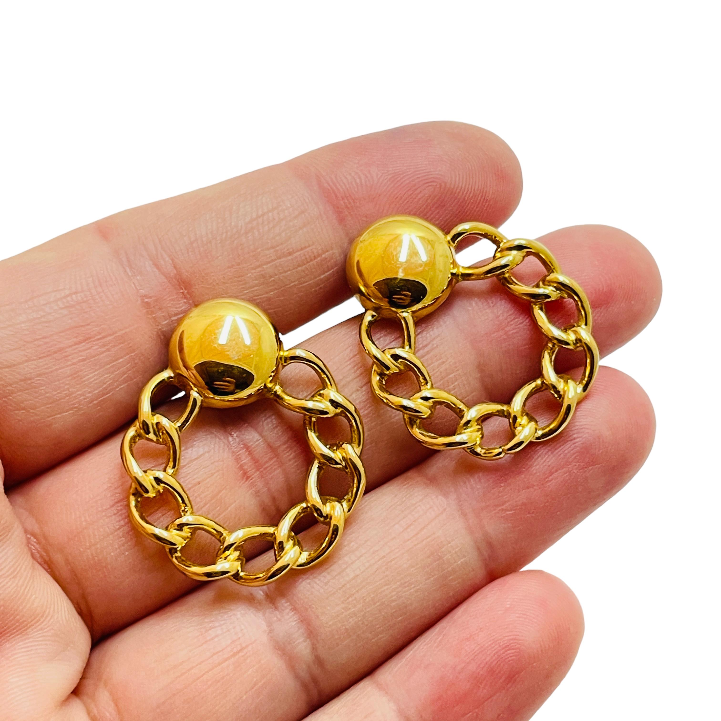 Women's or Men's Vintage MONET gold chain pierced designer earrings For Sale