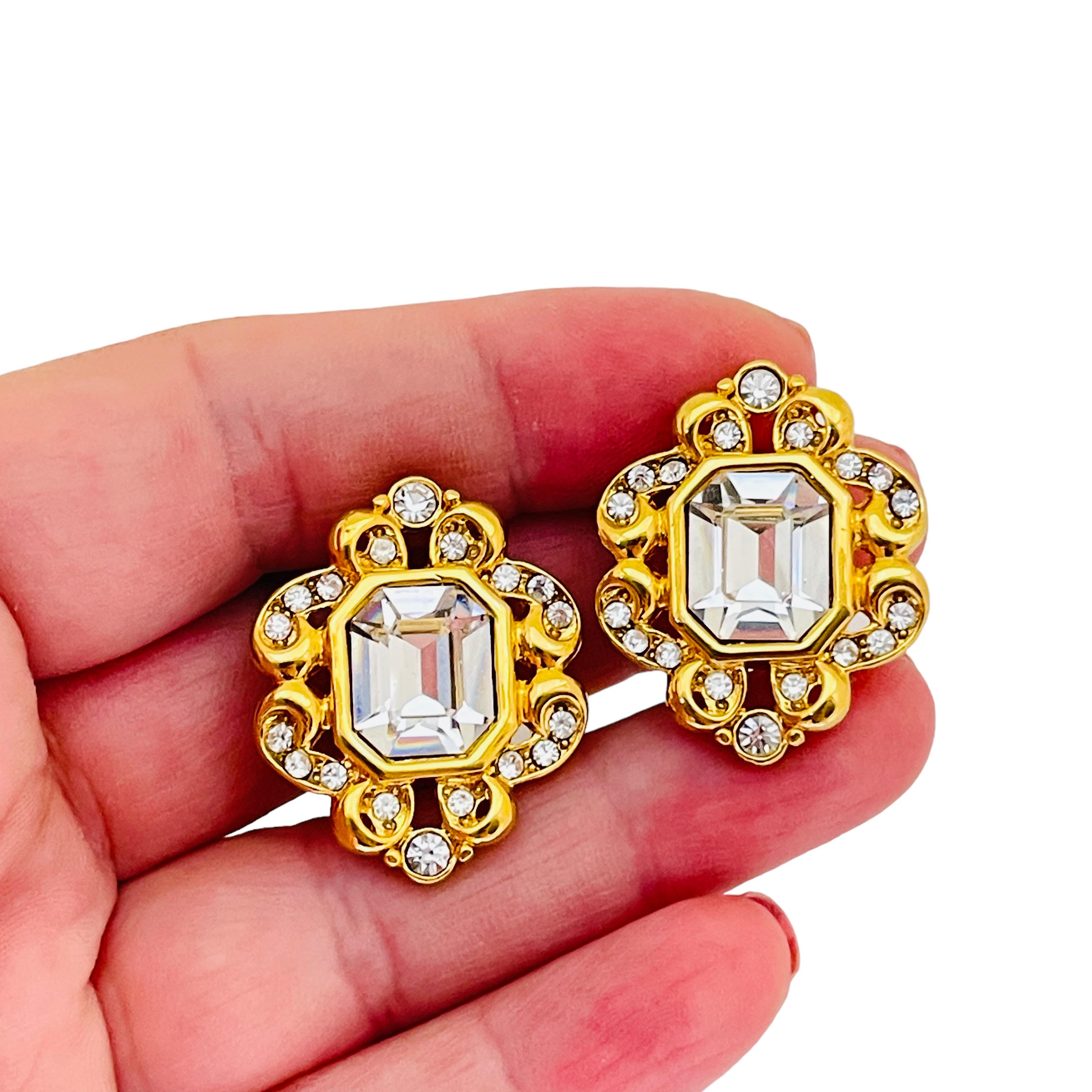 Women's or Men's Vintage MONET gold crystal designer runway clip on earrings  For Sale