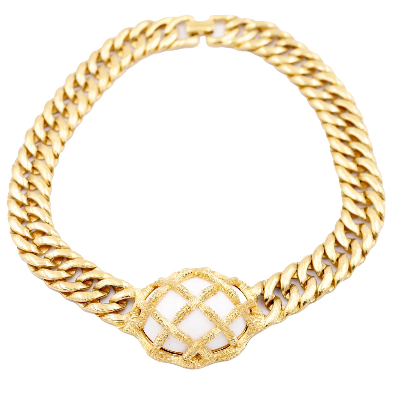 Vintage Gold Curb Chain Necklace and Pierced Earrings Set with