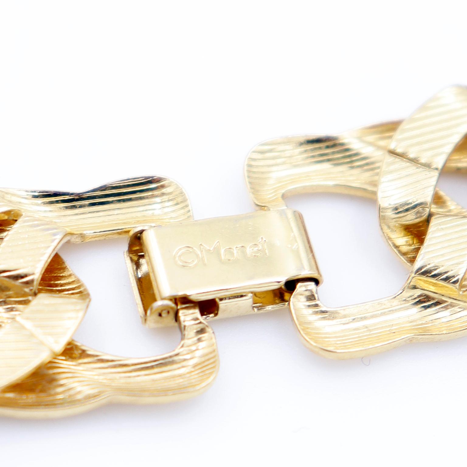 Vintage Monet Gold Kandare Kette Halskette & Ohrringe durchbohrt Set mit weißem Glas im Angebot 4