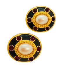Vintage MONET gold enamel pearl red cabs designer runway clip on earrings