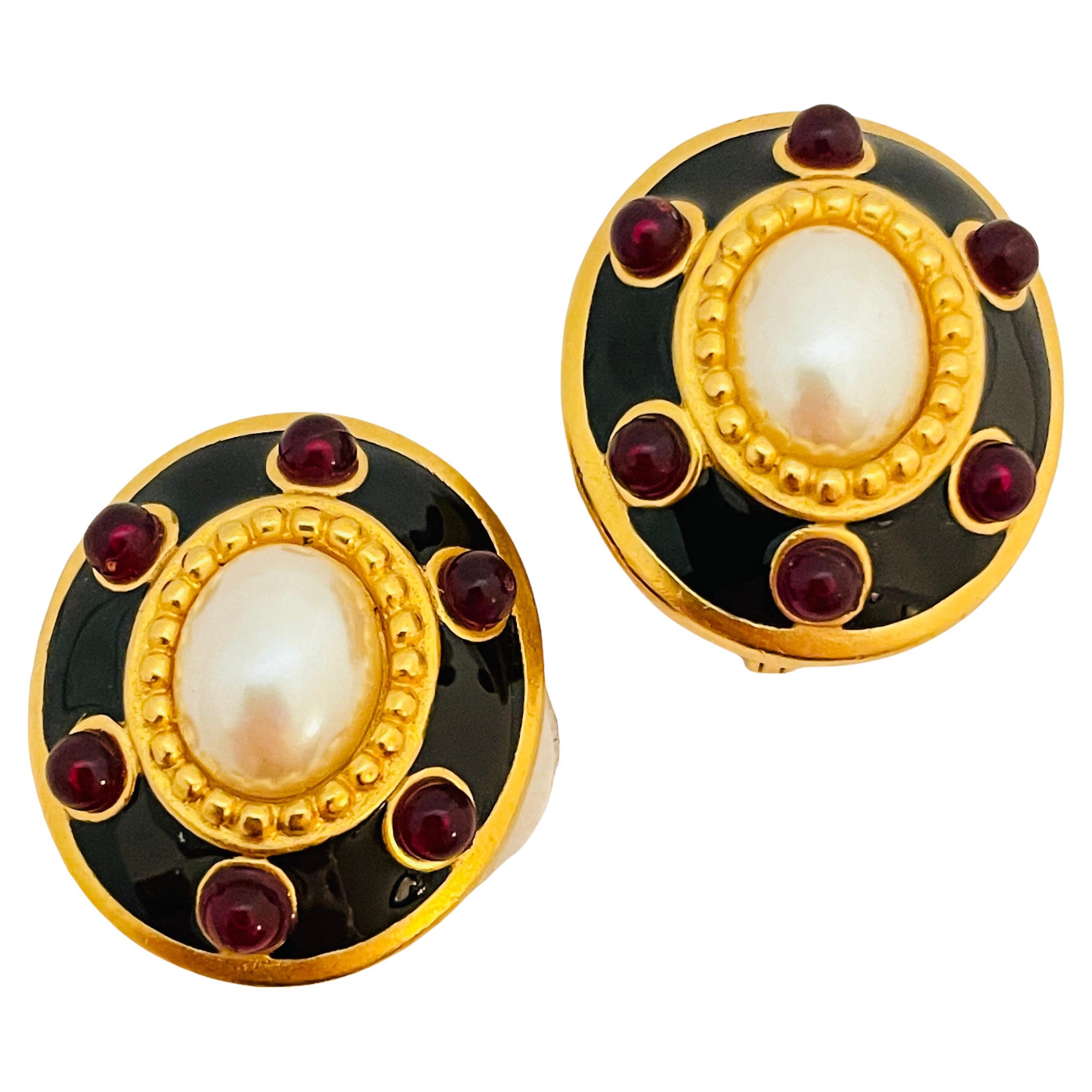 Vintage MONET gold enamel pearl red cabs designer runway clip on earrings For Sale