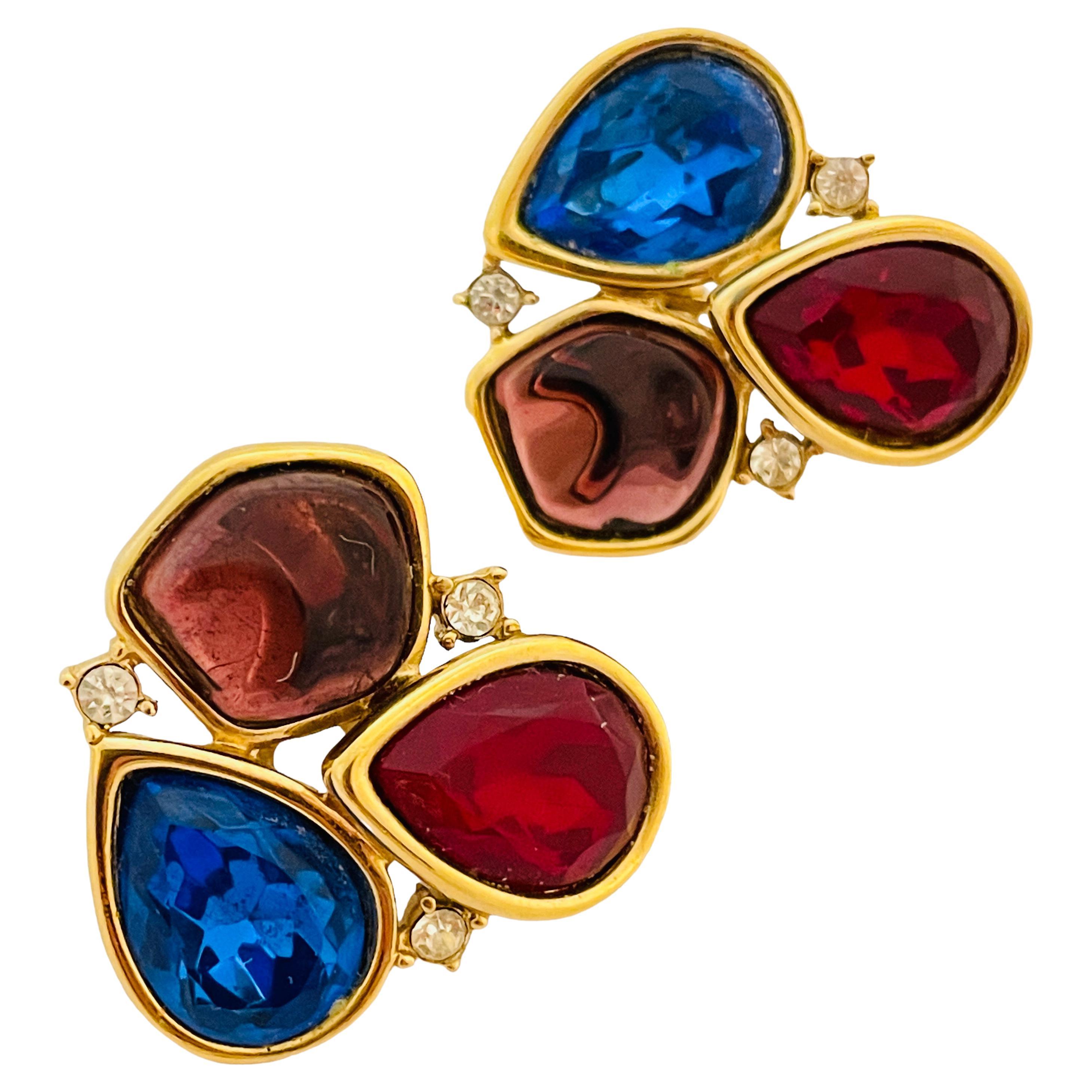 Vintage MONET gold jewel glass designer runway clip on earrings For Sale