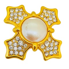 Vintage MONET gold pearl crystal Maltese cross designer brooch