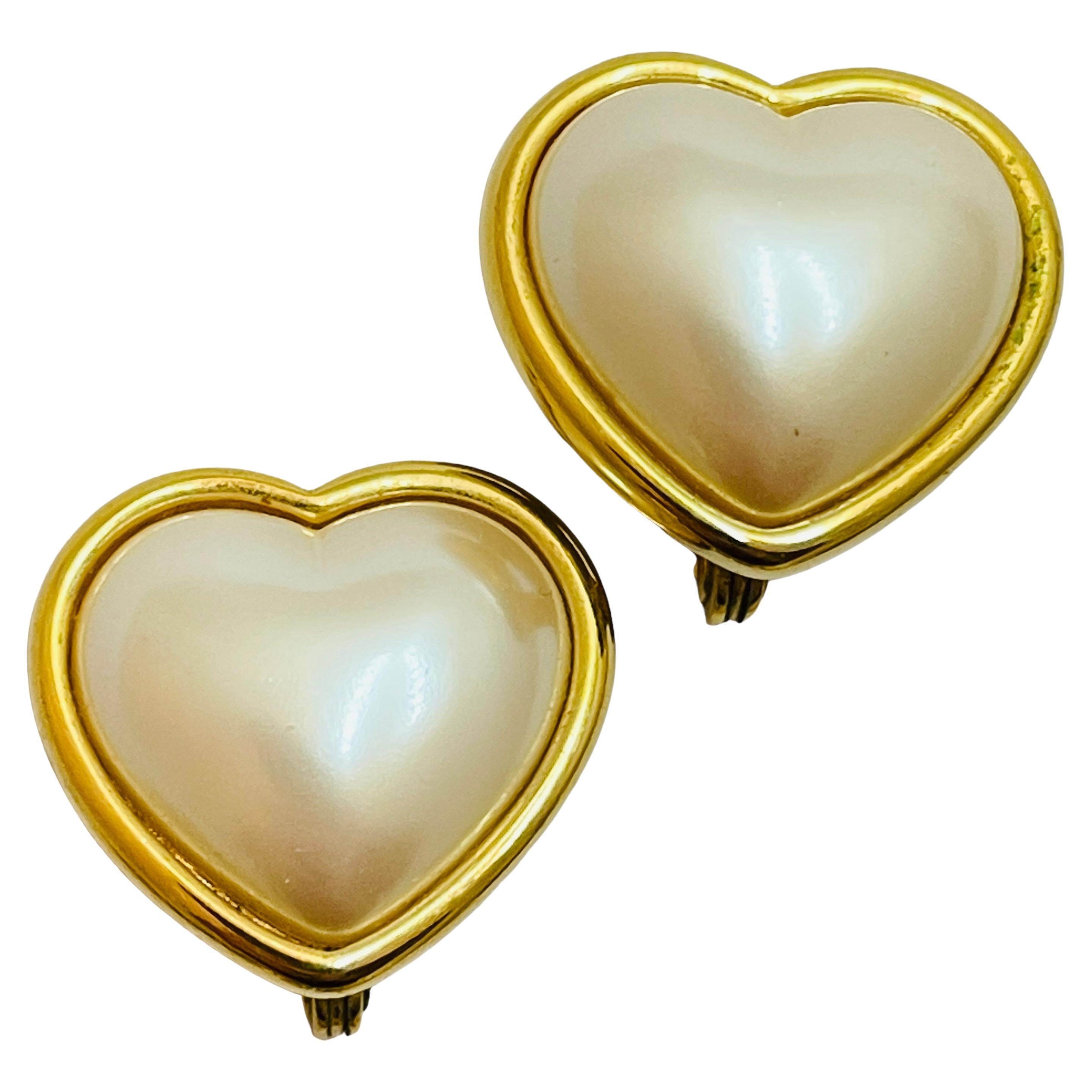 Vintage MONET gold pearl heart clip on earrings For Sale