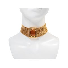 Vintage Monet Gold Tone Choker with Amber Piece Circa 1970s