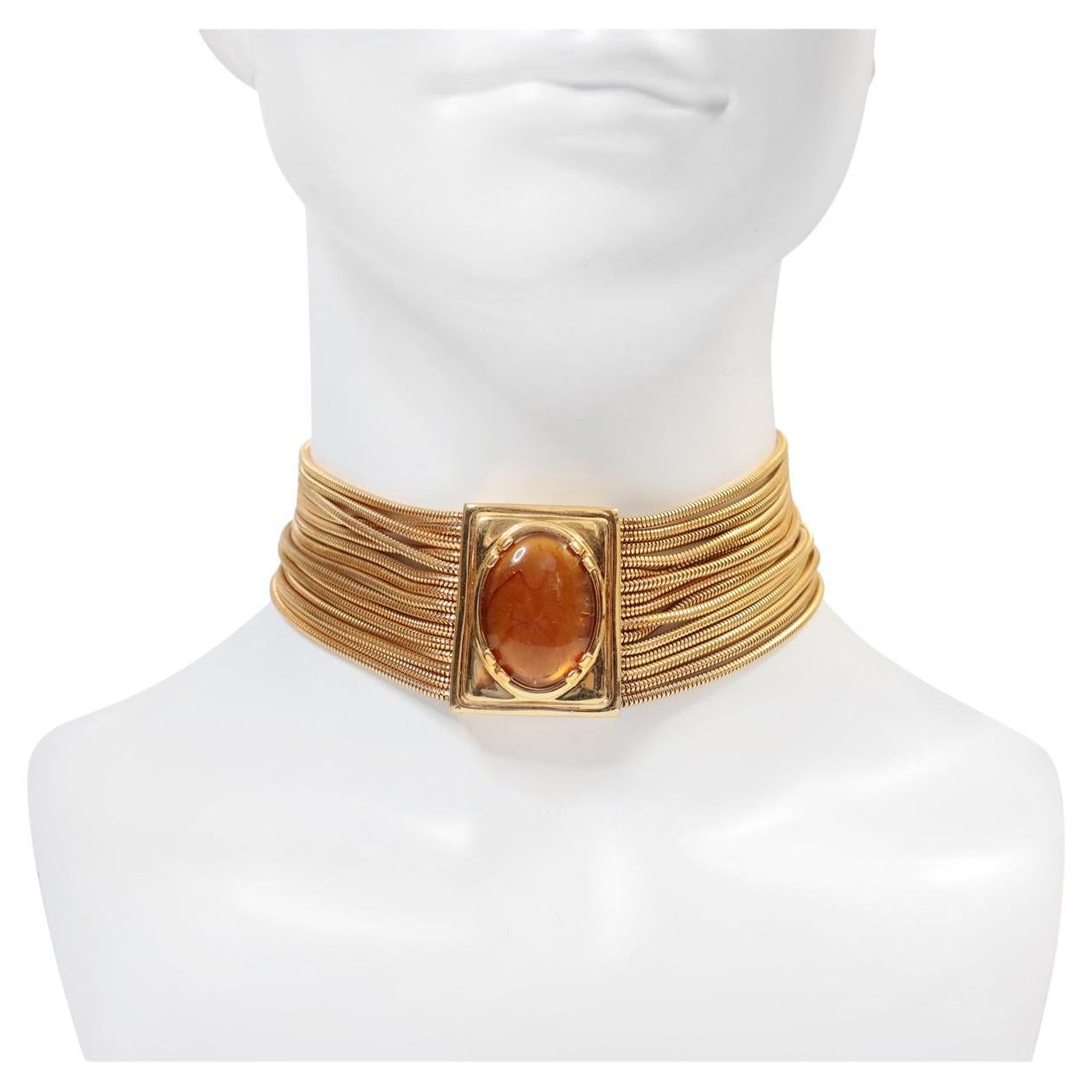 Vintage Monet Gold Tone Choker with Amber Pieces Circa 1970
