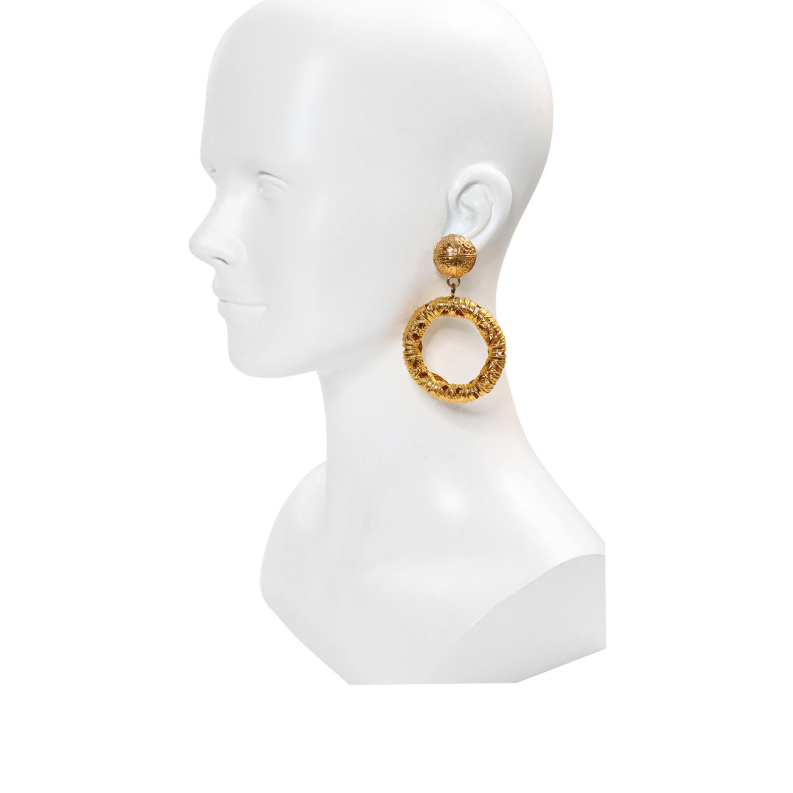 Modern Vintage Monet Gold Tone Dangling  Etruscan Hoop Earrings Circa 1980s For Sale
