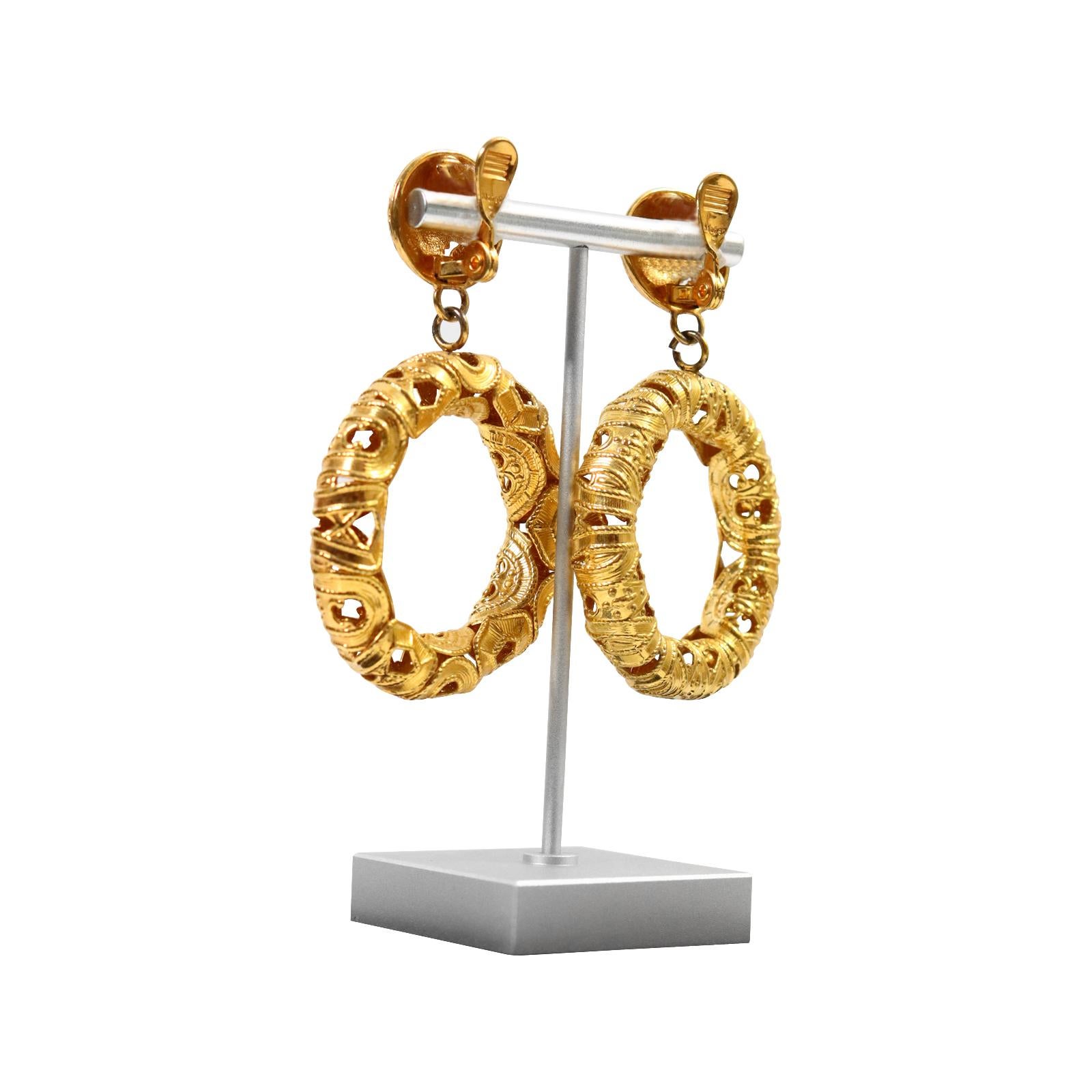 Women's or Men's Vintage Monet Gold Tone Dangling  Etruscan Hoop Earrings Circa 1980s For Sale