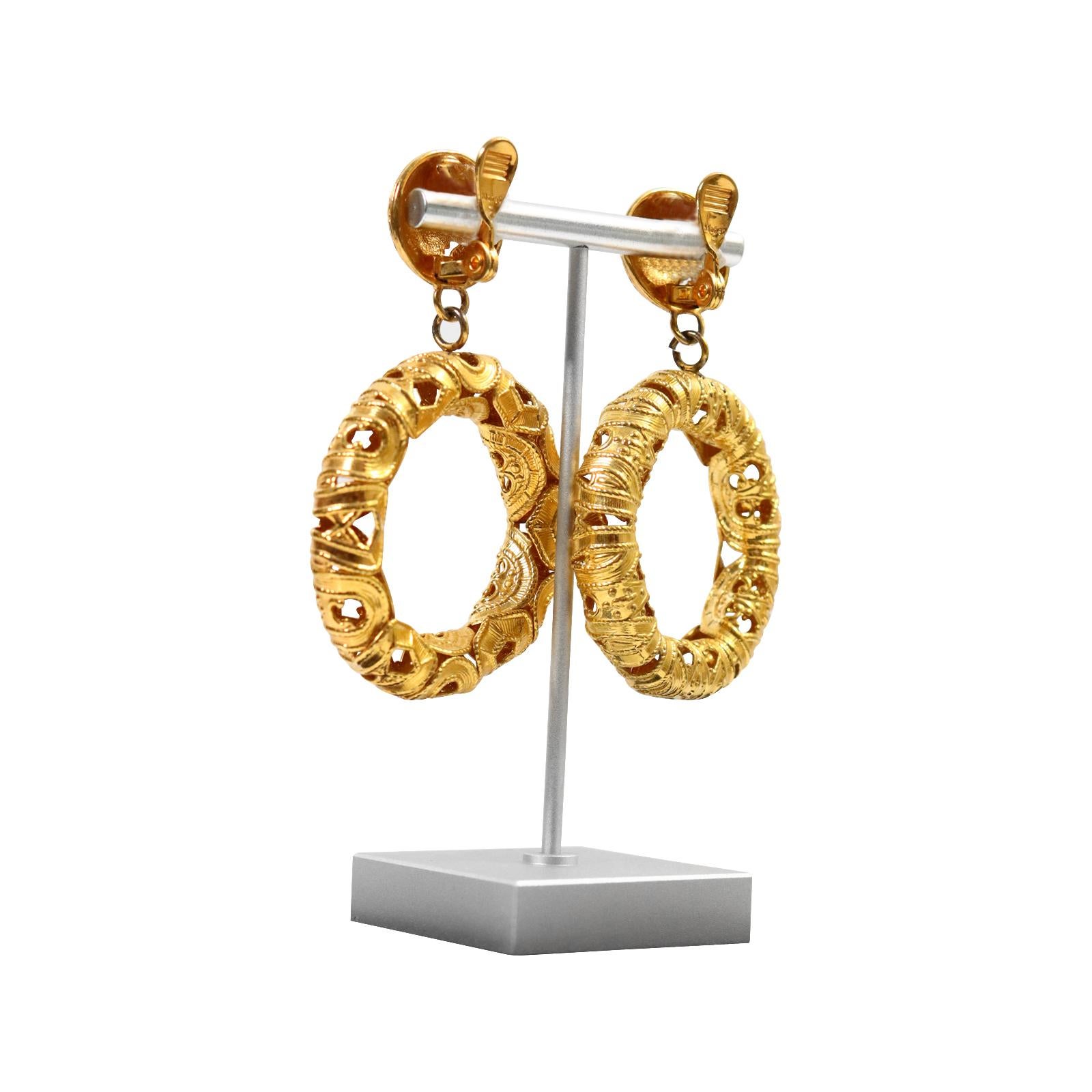 Vintage Monet Gold Tone Dangling  Etruscan Hoop Earrings Circa 1980s For Sale 3
