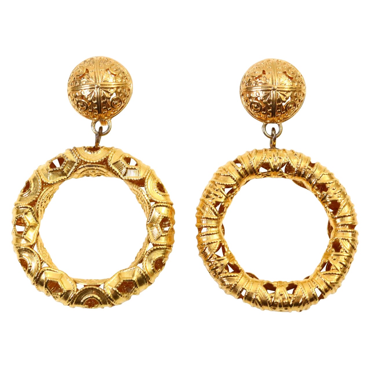 Vintage Monet Gold Tone Dangling  Etruscan Hoop Earrings Circa 1980s