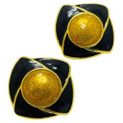 Vintage MONET Gold Ton Emaille Designer Laufsteg Ohrringe