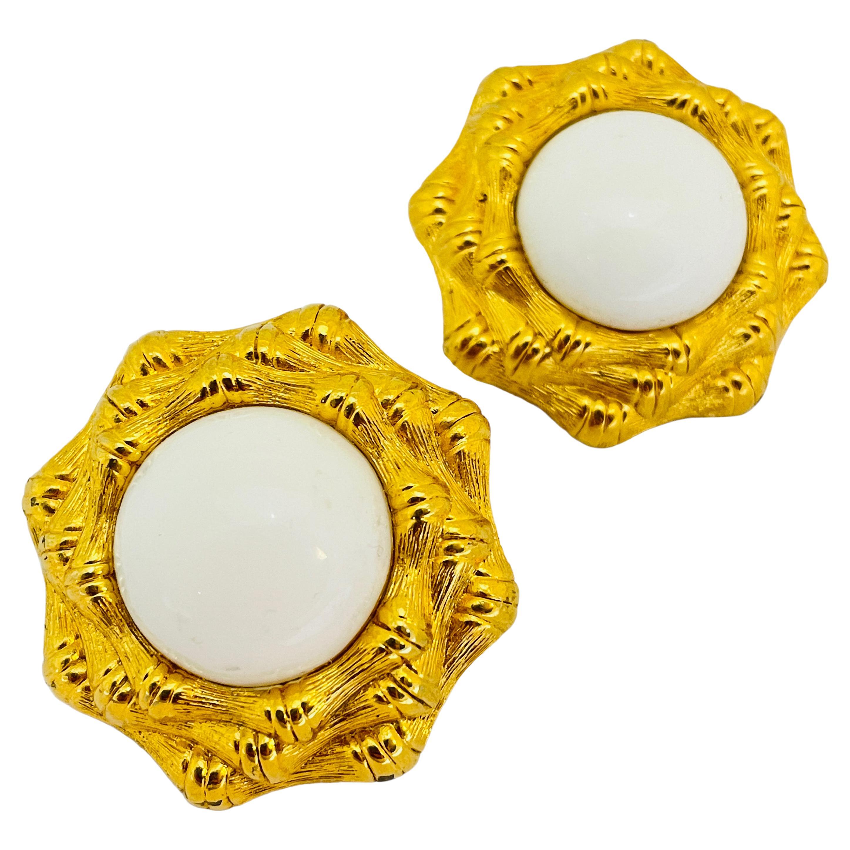 Vintage MONET gold white lucite designer runway clip on earrings For Sale