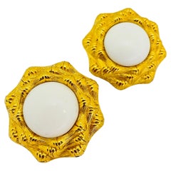 Vintage MONET gold white lucite designer runway clip on earrings