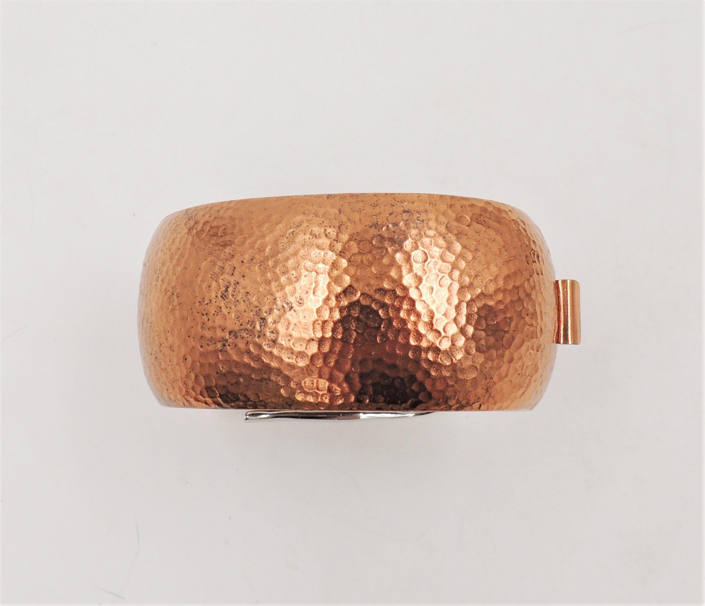 Modernist Vintage Monet Hammered Copper Plate & Rhodium Plate Cuff Bracelet, 1985 Ad Piece For Sale
