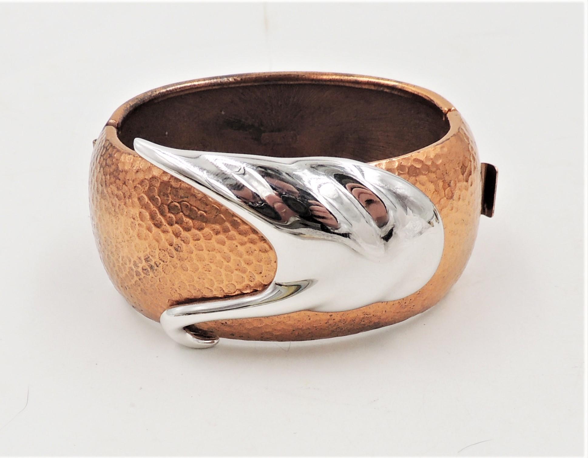 Vintage Monet Hammered Copper Plate & Rhodium Plate Cuff Bracelet, 1985 Ad Piece For Sale 3