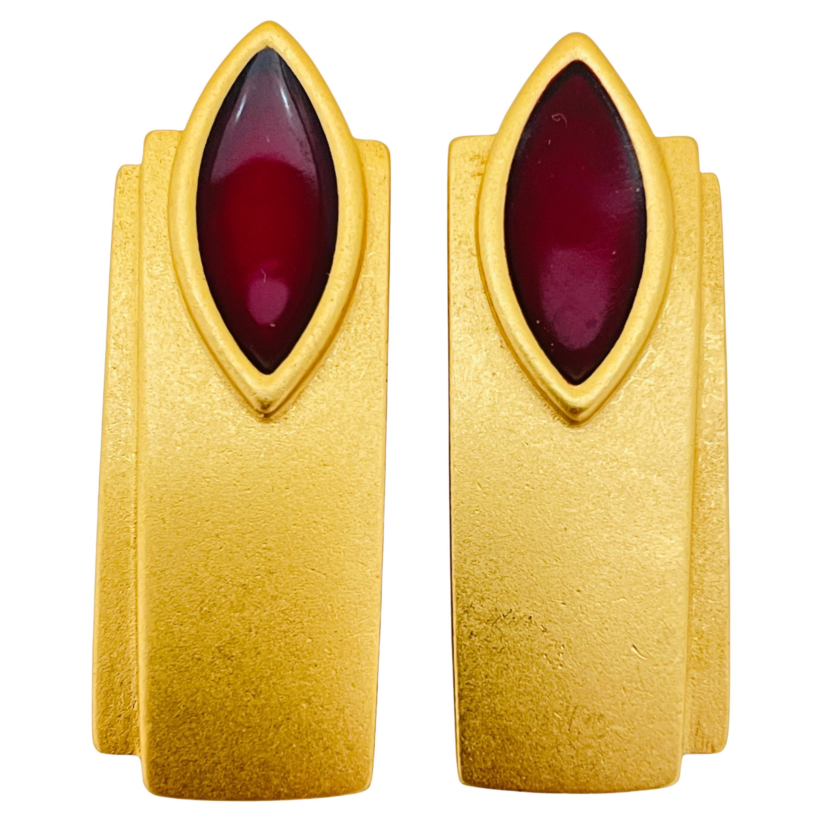 Vintage MONET matte gold red enamel modernist designer runway earrings