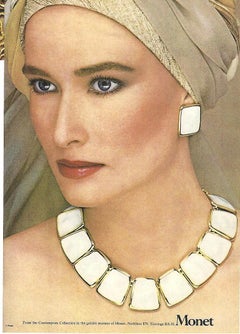 Vintage Monet Red Enamel Plaques "Contempora" Collar Necklace, 1972 Ad Piece