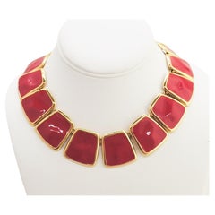 Vintage Monet Red Enamel Plaques "Contempora" Collar Necklace, 1972 Ad Piece