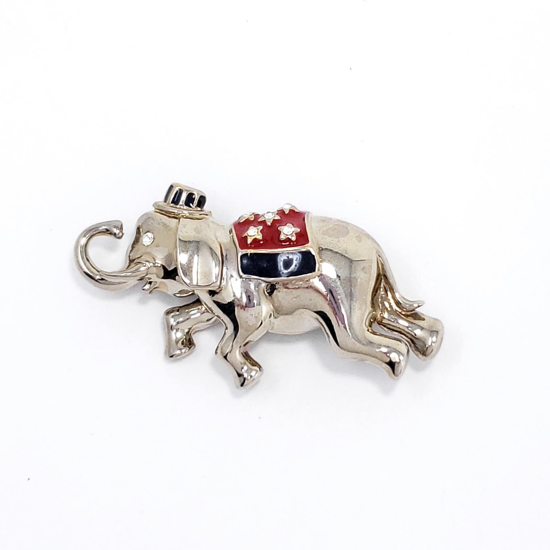 Round Cut Vintage Monet Republican Elephant Pin Brooch in Silver, Red and Blue Enamel For Sale