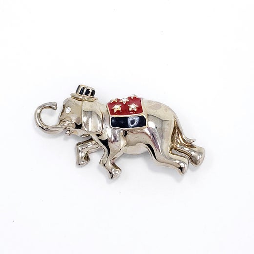 Vintage Monet Republican Elephant Pin Brooch in Silver, Red and Blue Enamel  at 1stDibs