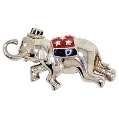Vintage Monet Republican Elephant Pin Brooch in Silver, Red and Blue Enamel