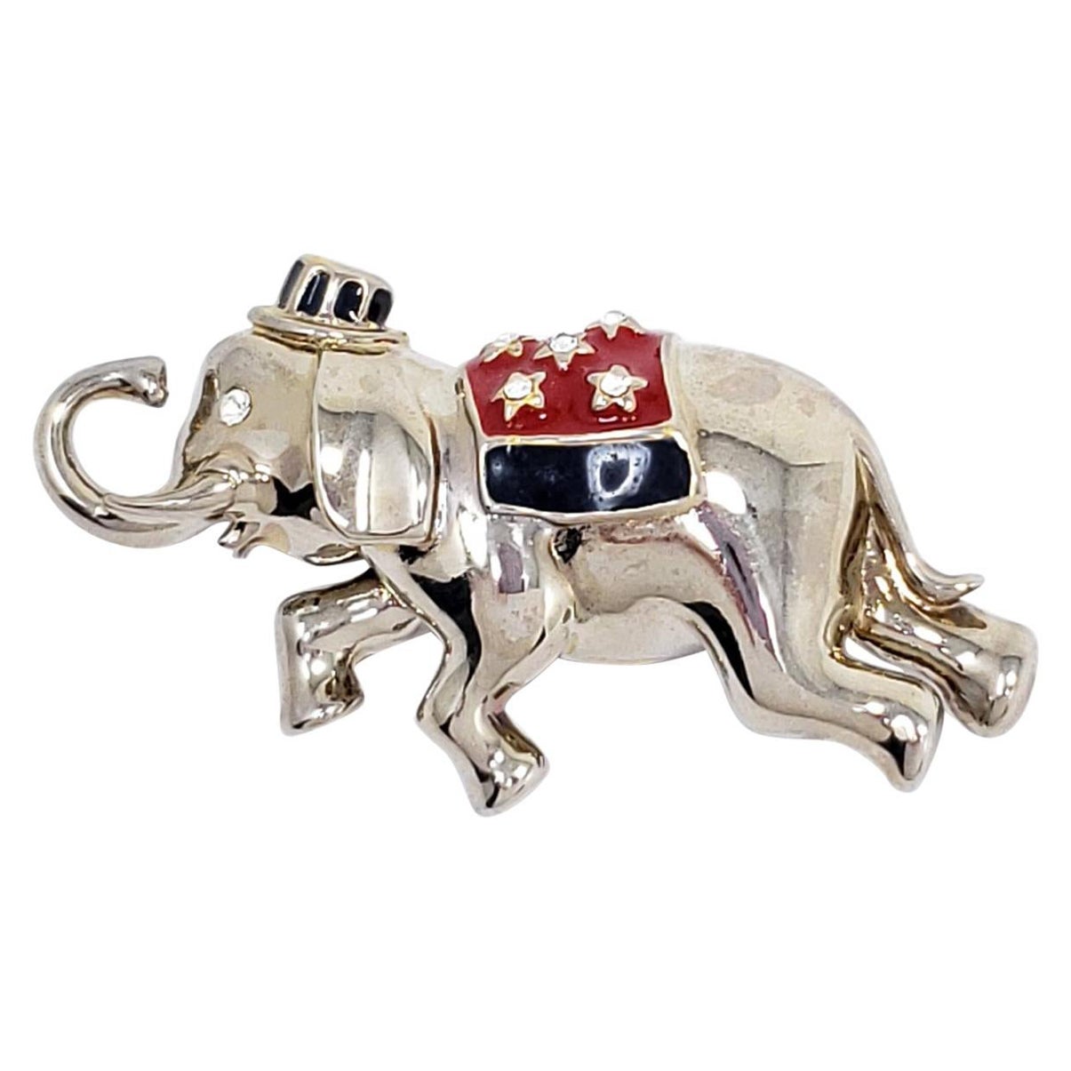 Vintage Monet Republican Elephant Pin Brooch in Silver, Red and Blue Enamel For Sale