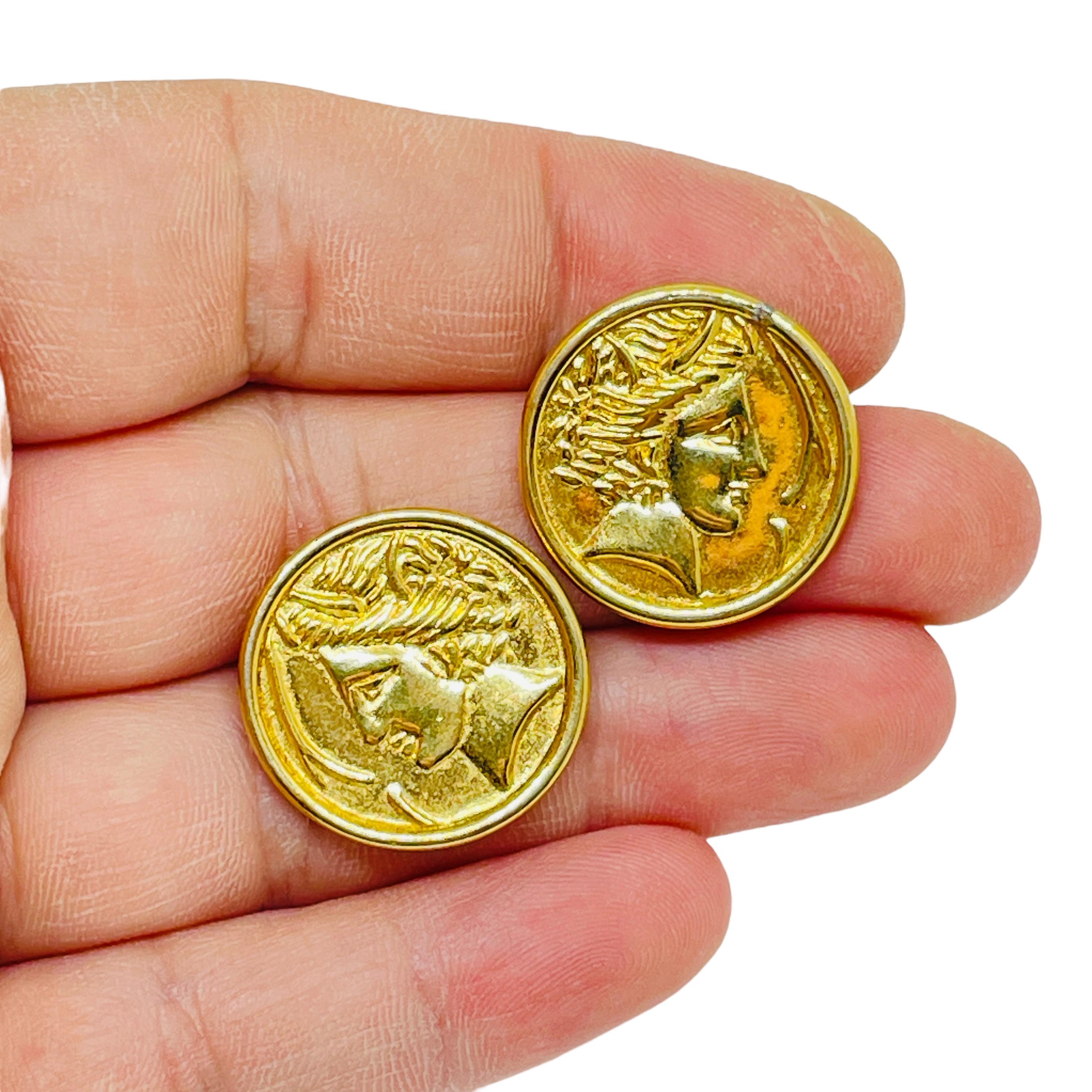 Women's Vintage MONET signed gold coin Roman Etruscan post earrings For Sale