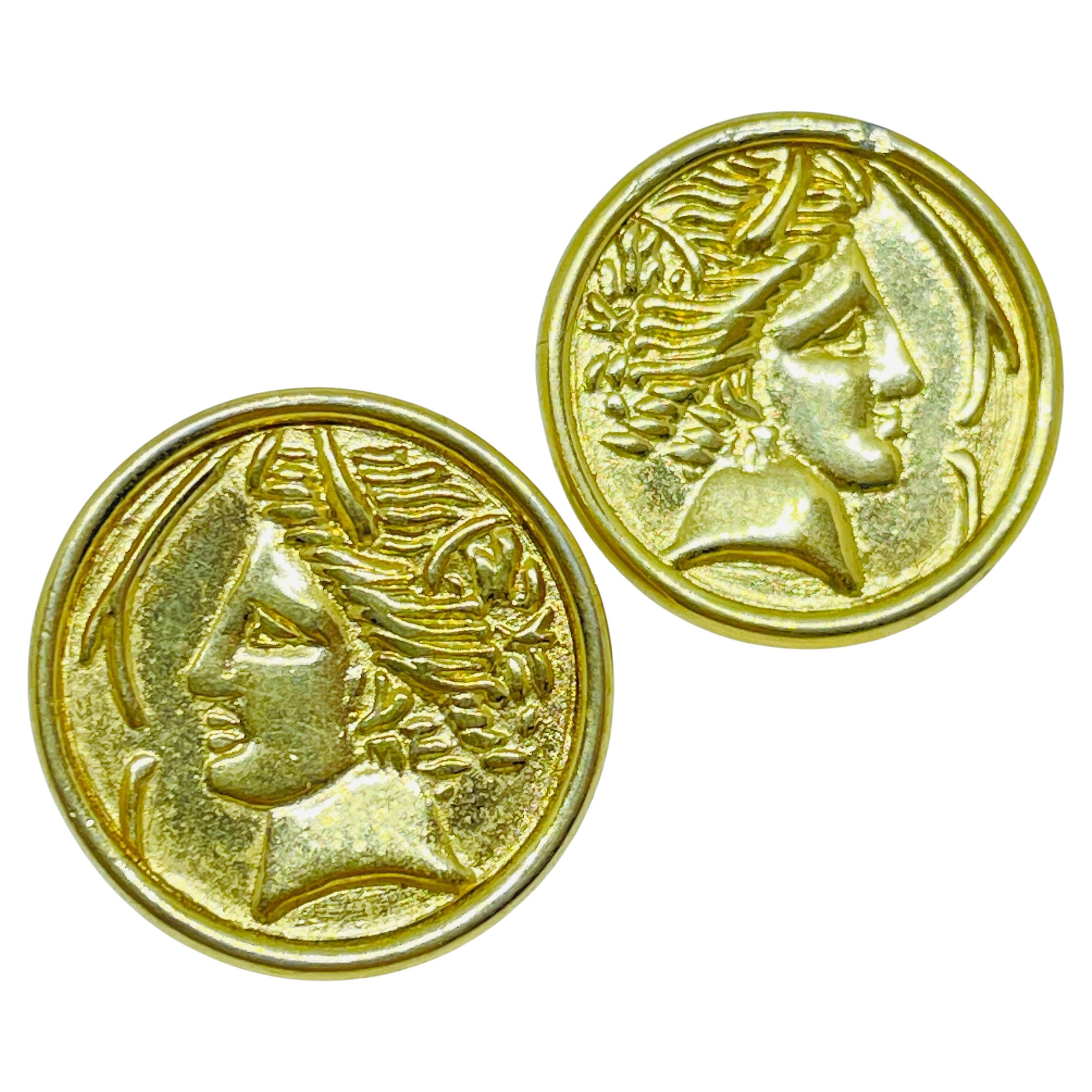 Vintage MONET signed gold coin Roman Etruscan post earrings For Sale
