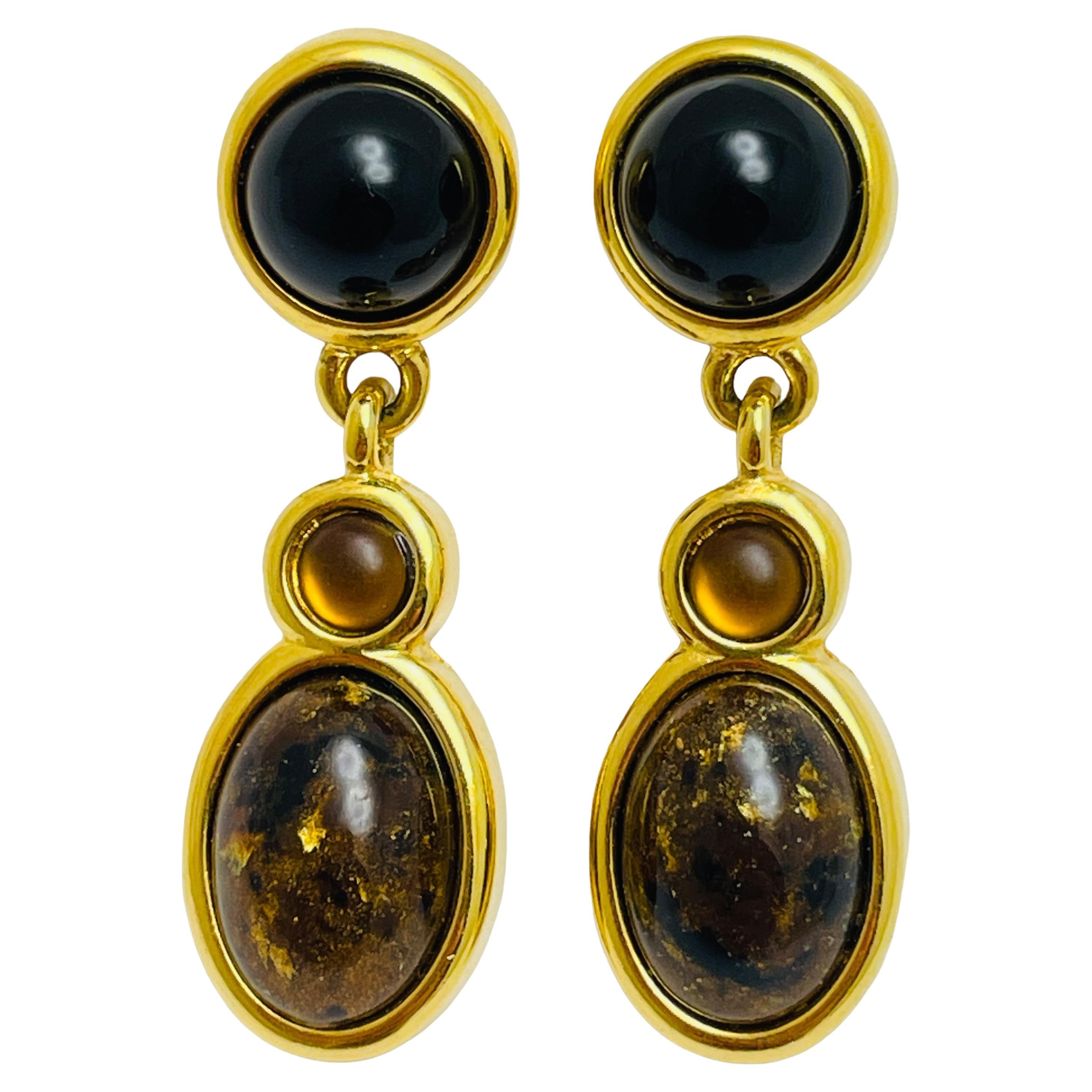 Vintage MONET signed gold glass dangle designer earrings For Sale