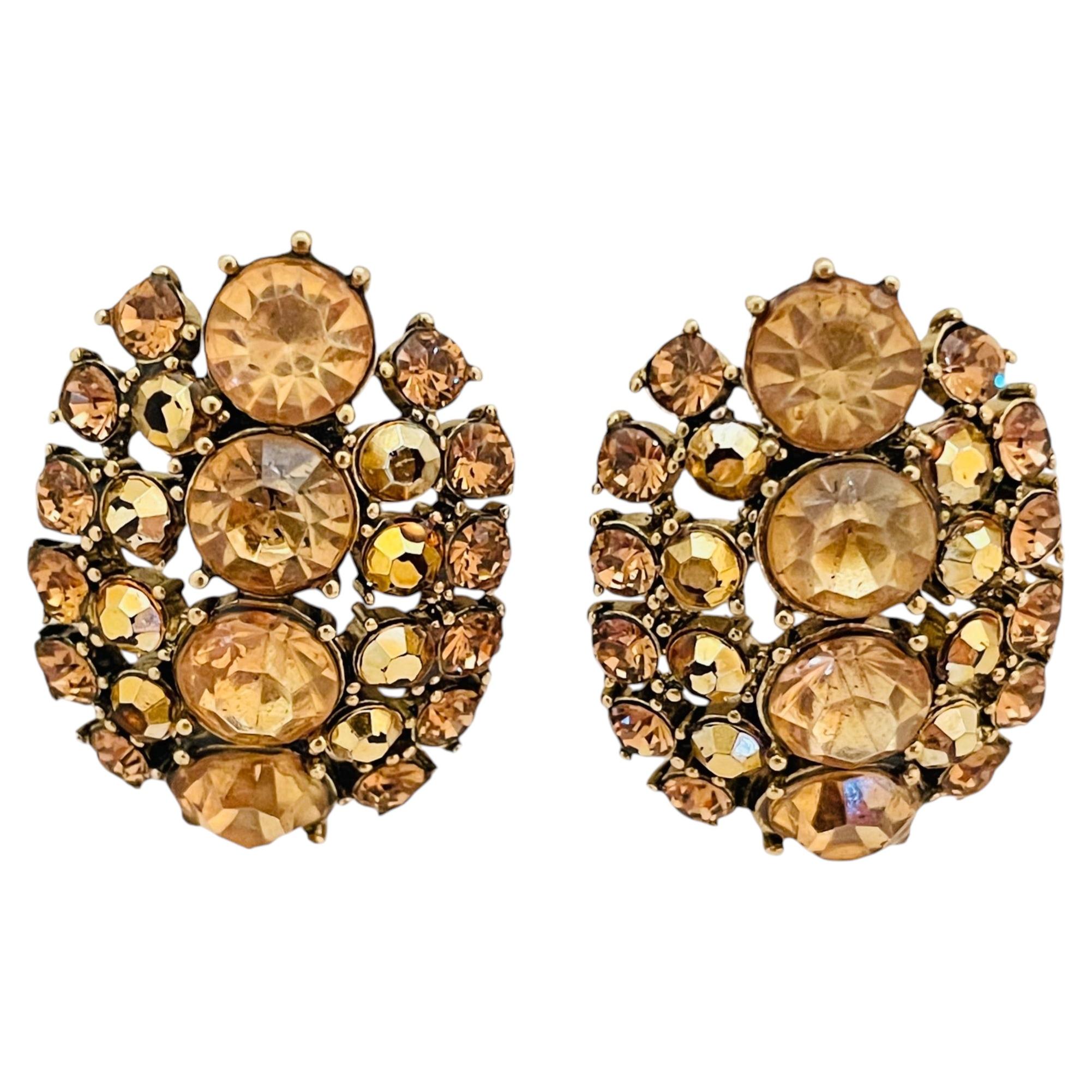 Pre-owned Monet Vintage  Signed Gold Rhinestone Designer Runway Clip On Earrings In Multi